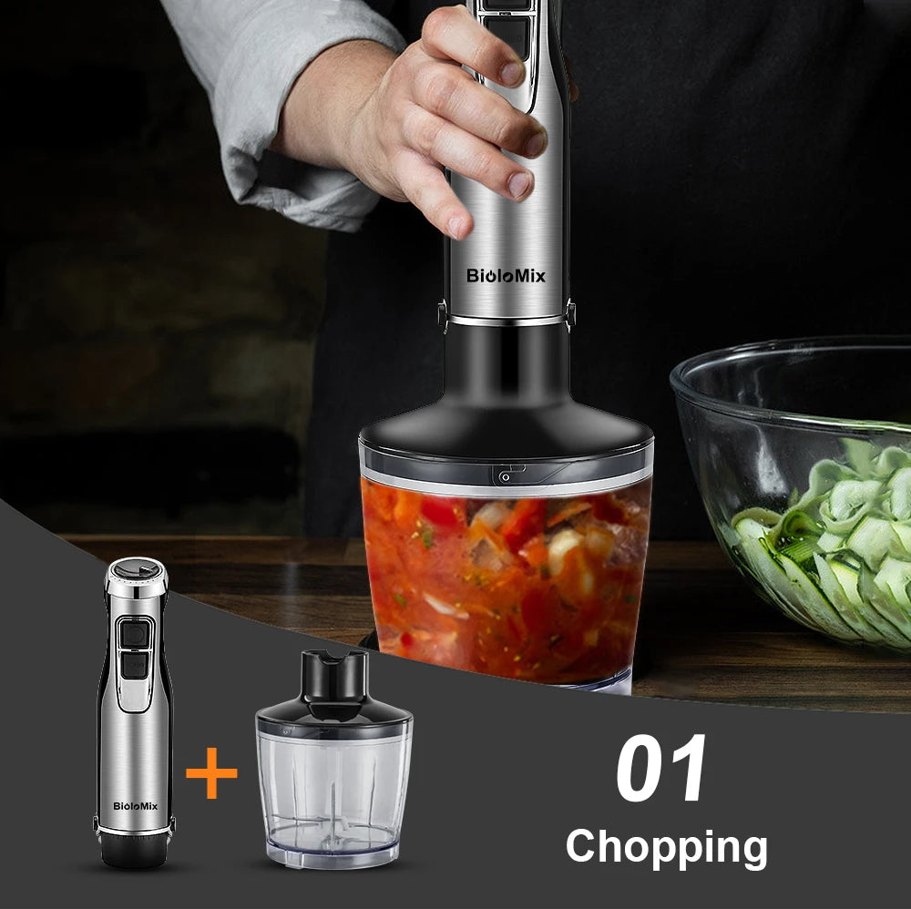 BioloMix Mixeur Plongeant 4-en-1 Haute Puissance 1200W avec Hachoir et Gobelet à Smoothies Lames en Acier Inoxydable pour Glace