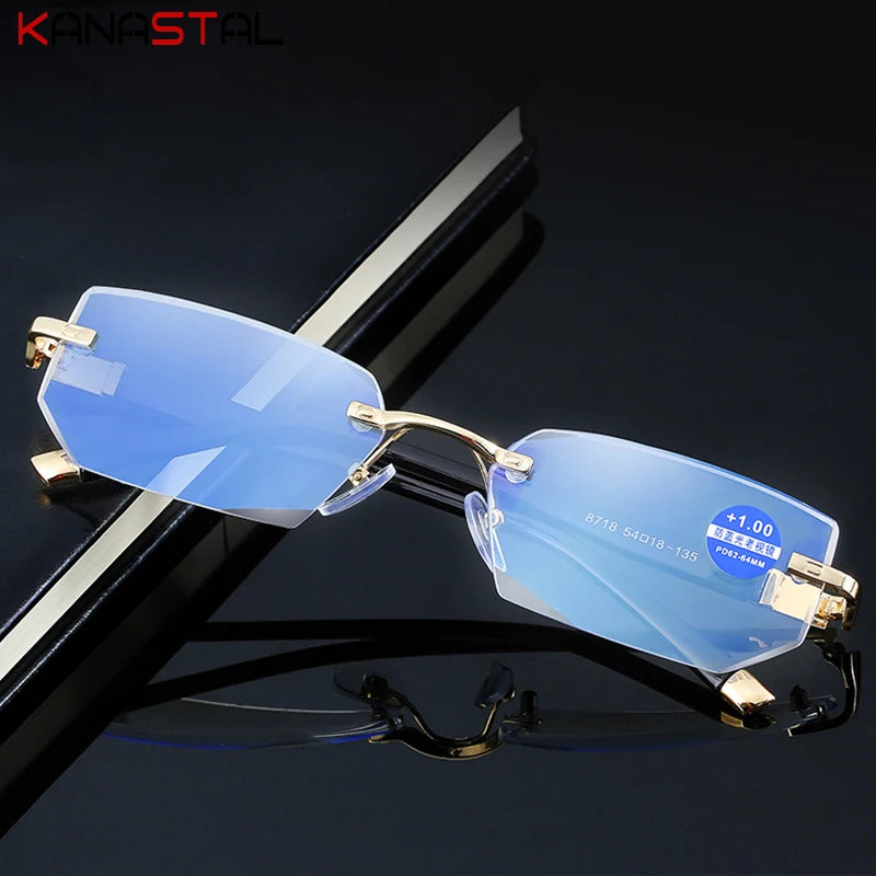 Lunettes de lecture anti-lumière bleue pour femmes, monture sans bords à découpe diamantée, pour hommes, anti-fatigue, hypermétropie, presbytie +1,5