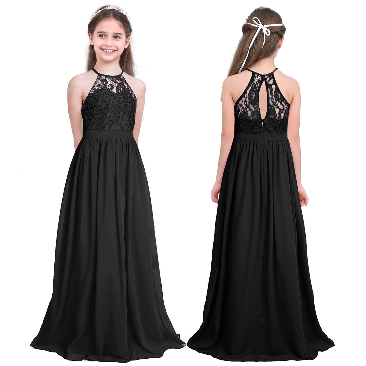 Robe de demoiselle d'honneur en mousseline florale avec découpe au dos pour enfants, tenue de fête d'anniversaire ou de mariage pour filles