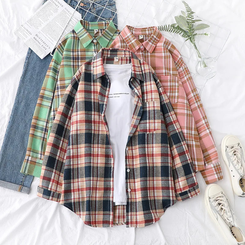 Women's Plaid Shirt 2025 New Ladies Loose Casual Blouse and Tops Fresh College Style Female Long Sleeve Shirts Women Clothes