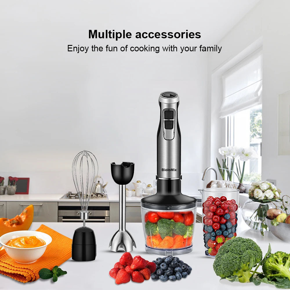 BioloMix Mixeur Plongeant 4-en-1 Haute Puissance 1200W avec Hachoir et Gobelet à Smoothies Lames en Acier Inoxydable pour Glace
