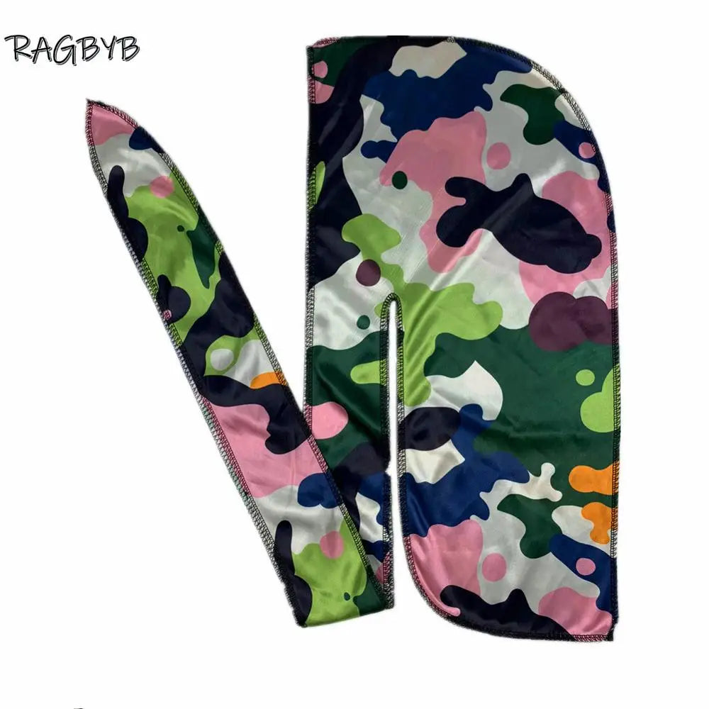 Neue Camo Print Seiden Durag Bandanas für Herren Seidige Durags Long Tail Wave Cap Kopftuch Damen Hut Headwrap Durag