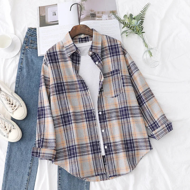 Women's Plaid Shirt 2025 New Ladies Loose Casual Blouse and Tops Fresh College Style Female Long Sleeve Shirts Women Clothes