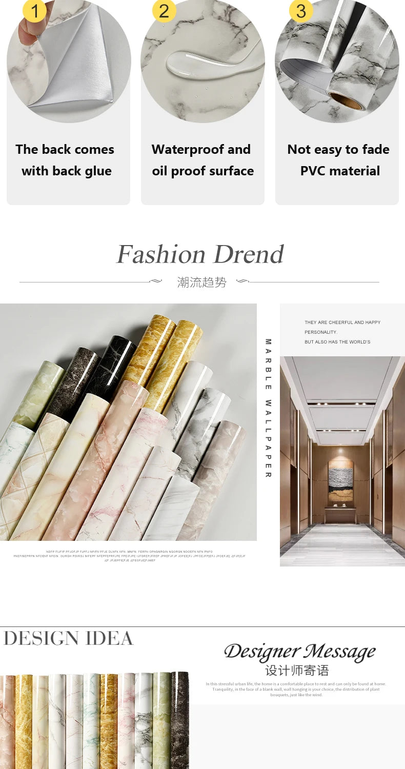Marble Vinyl Film DIY Self Adhesive Wallpaper Bathroom Kitchen Cupboard Countertops Contact Paper PVC Waterproof Wall Stickers