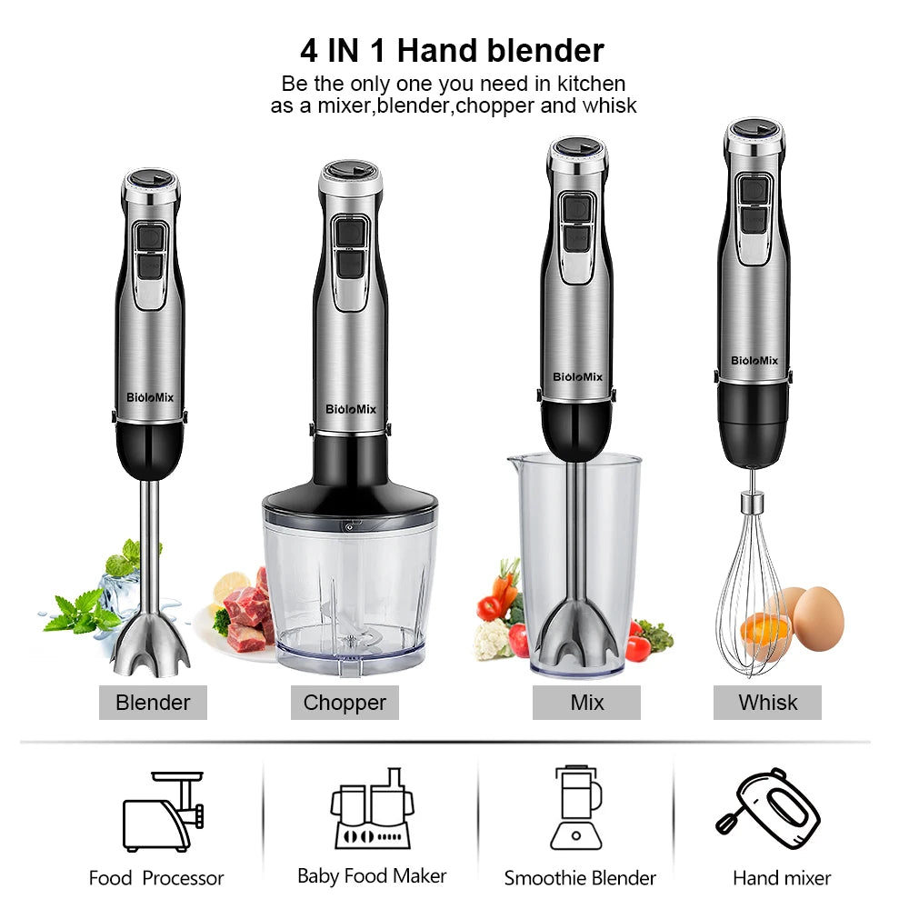 BioloMix Mixeur Plongeant 4-en-1 Haute Puissance 1200W avec Hachoir et Gobelet à Smoothies Lames en Acier Inoxydable pour Glace