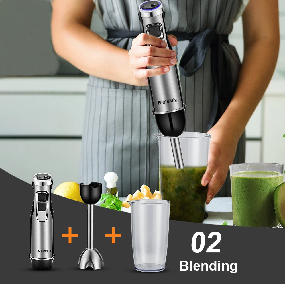 BioloMix Mixeur Plongeant 4-en-1 Haute Puissance 1200W avec Hachoir et Gobelet à Smoothies Lames en Acier Inoxydable pour Glace