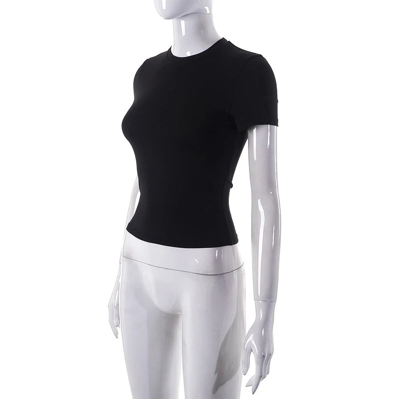 2025 Printemps Nouveau T-shirt à Manches Courtes Femme Uni Simple Décontracté Doux Polyvalent Chaud Basique Crop Tops Tees Mode d'Été