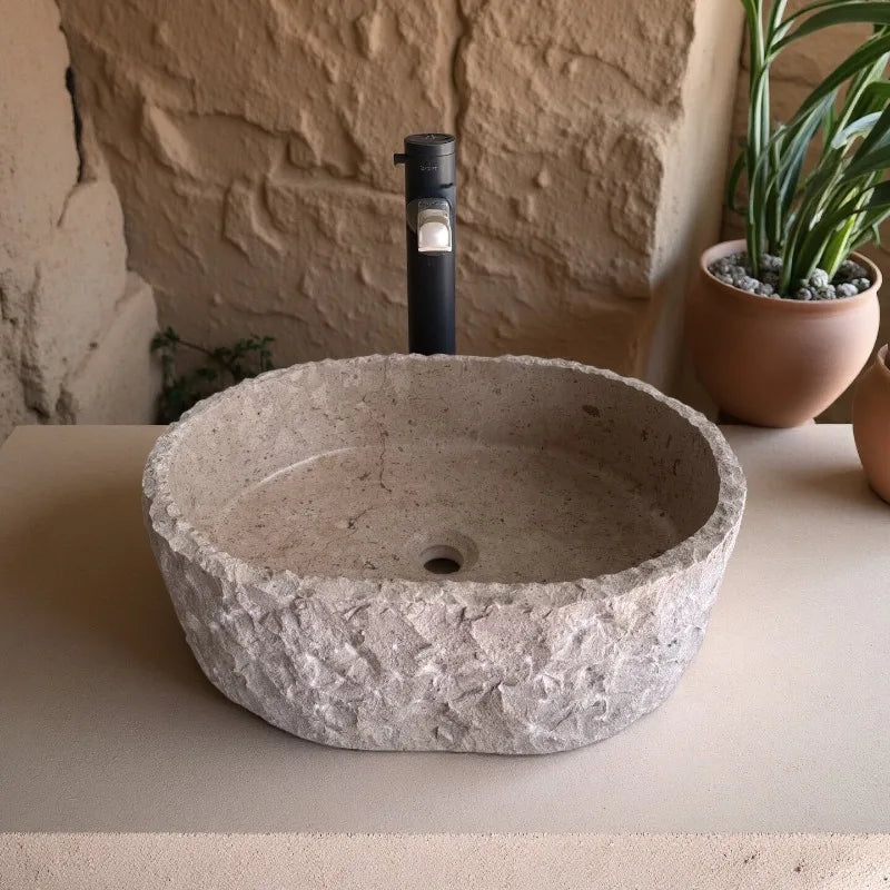 Light beige lime stone table wash basin oval outer wool surface wash basin natural stone custom sink