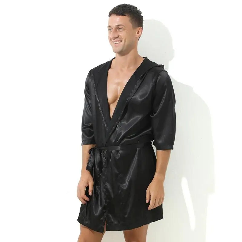 Sexy Nachtwäsche Herren Bademäntel Weich Seidig Kurzarm-Nachthemd Herren Hauskleidung Morgenmantel Herren Schlafanzug (Ohne Shorts)