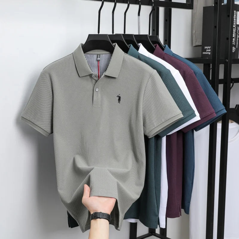 T-shirt polo d'affaires d'été décontracté ample brodé de marque de luxe haut de gamme en coton pur à 100 % pour homme à manches courtes respirant
