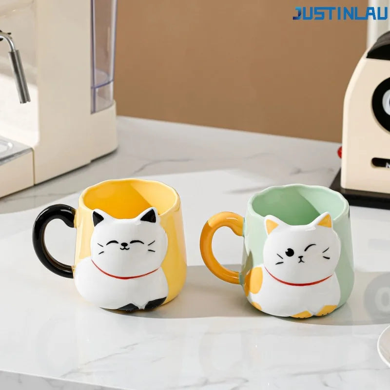 JUSTINLAU Tasse en céramique mignonne avec couvercle et cuillère, motif chat de dessin animé en relief, style japonais, tasse à café émaillée, tasse à thé en céramique