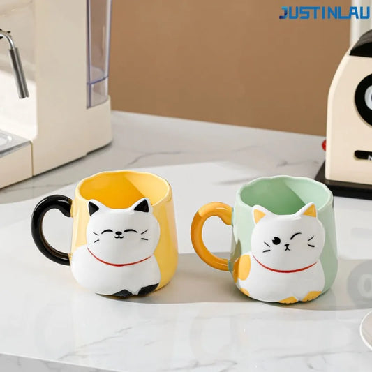 JUSTINLAU Cartoon Cute Cat Mug Relief Ceramic Cup with Lid Spoon Japanese Style Coffee Cup Color Glazed Cup Ceramic Mug Tea Cup