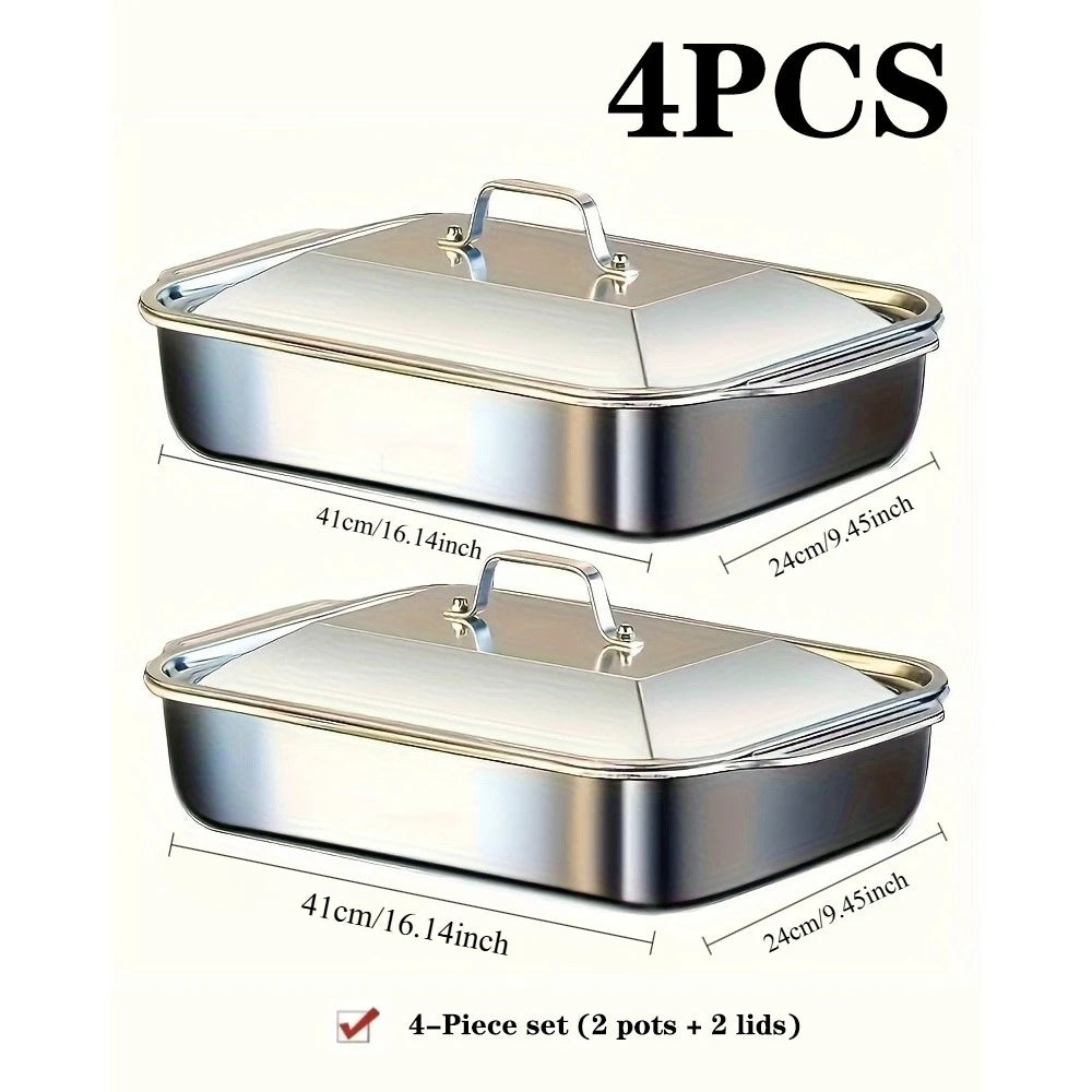 Ensemble de 4 plats de cuisson en acier inoxydable avec couvercles - Plat profond de 40 x 23 cm pour poisson/pâtes/grillades, compatible four et lave-vaisselle, 4,2 L