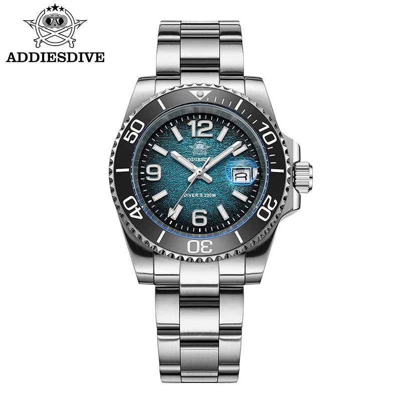 Montre de Plongée Homme ADDIESDIVE 41mm AD2513 Étanche 200m Acier Inoxydable 316L Montre-Bracelet à Quartz Calendrier BGW9 Super Lumineux