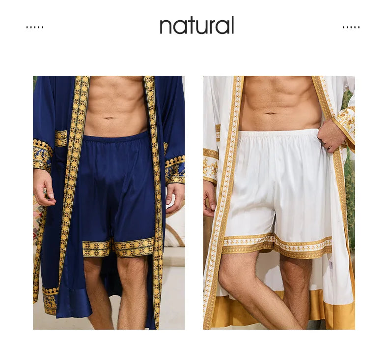 Frühling Sommer Neu Herren Schlafanzug 2-teiliges Roben-Shorts-Set Barockstil Seidensatin Kimono Bademantel Nachthemd Lose Homewear Loungewear