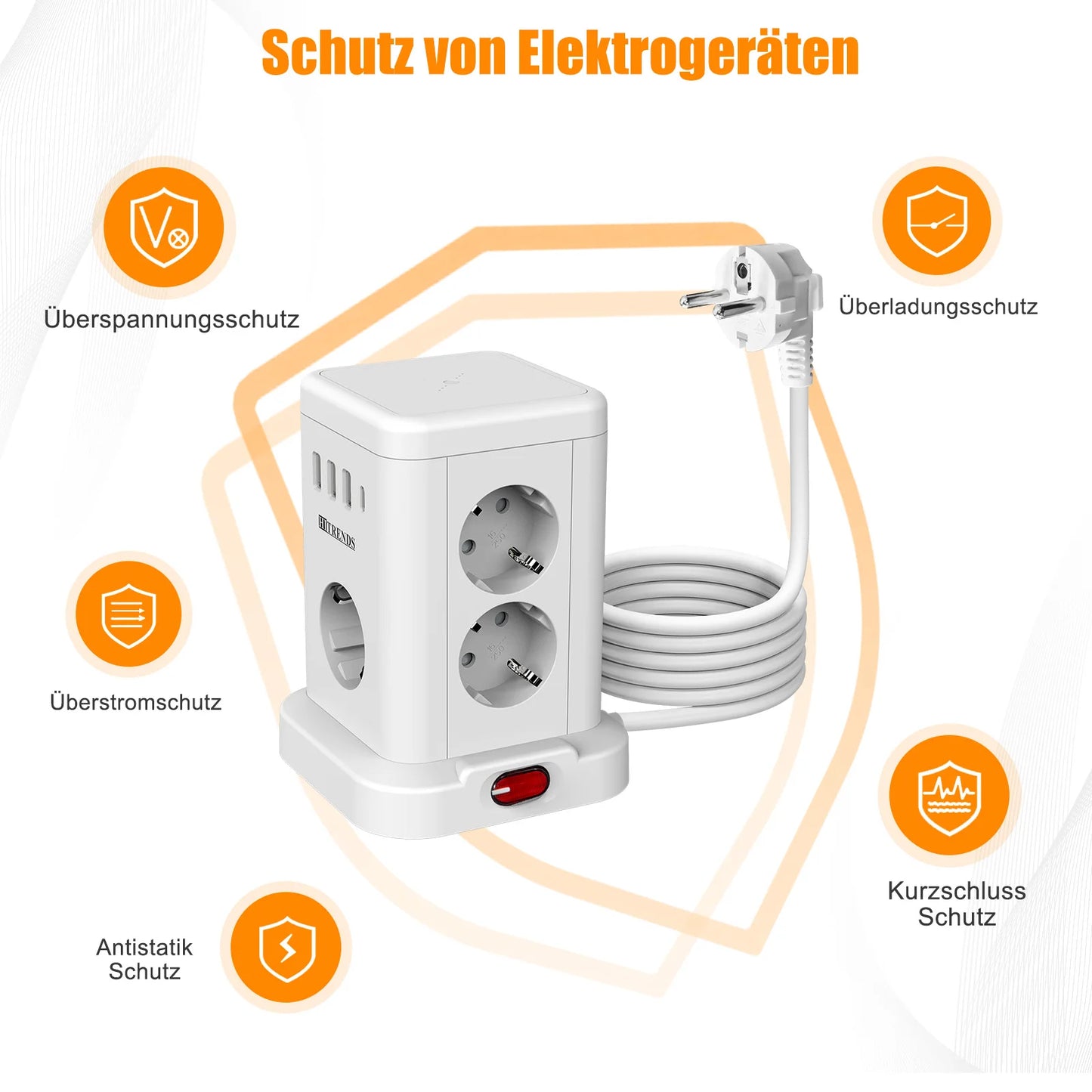 15-in-1 intelligente Steckdosenleiste kabelloses Schnellladen 3680W 3USB-A und 1USB-C 2 Meter Verlängerungskabel Hauptschalter