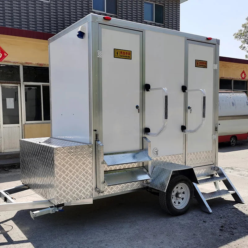 Remorque de toilettes mobiles de luxe, moderne, d'extérieur, à 2 cabines, avec porte double noire
