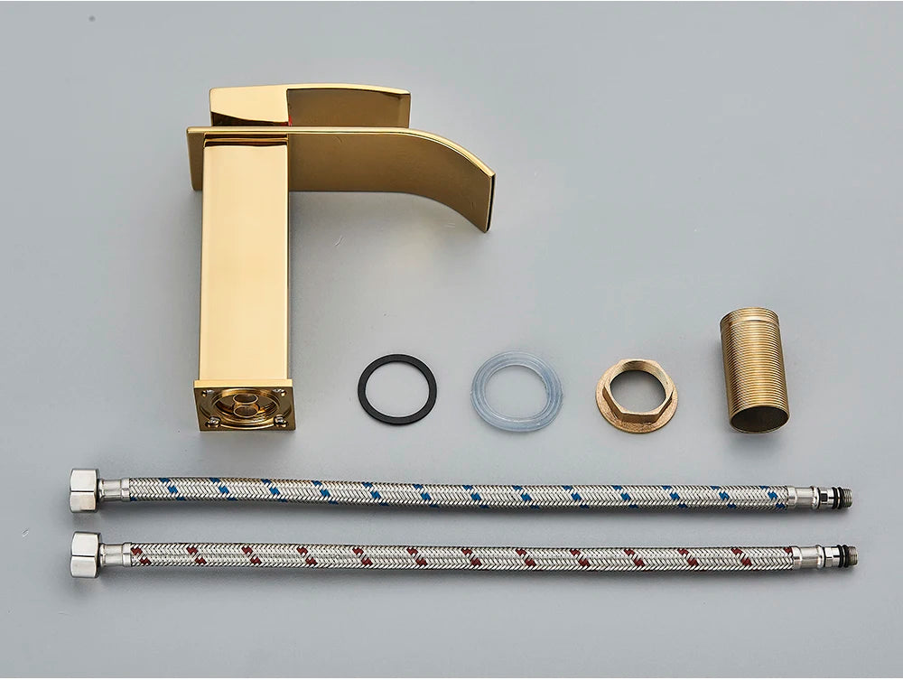 Robinet de Lavabo Doré Brossé, Élégant Robinet Cascade pour Salle de Bain, Mitigeur Monocommande en Laiton à Fixation sur Plan