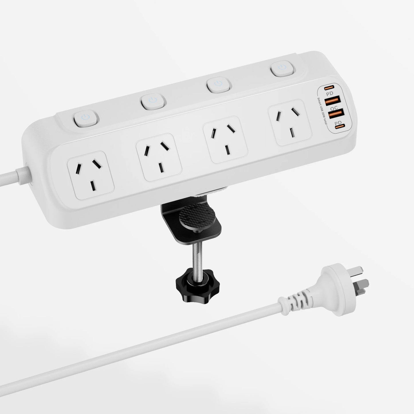 AU Plug Desk Clamp power board with 4 AC outlets 2 USB A and 2 USB C PD20W fast charging, 2m extension cord, multiprise socke