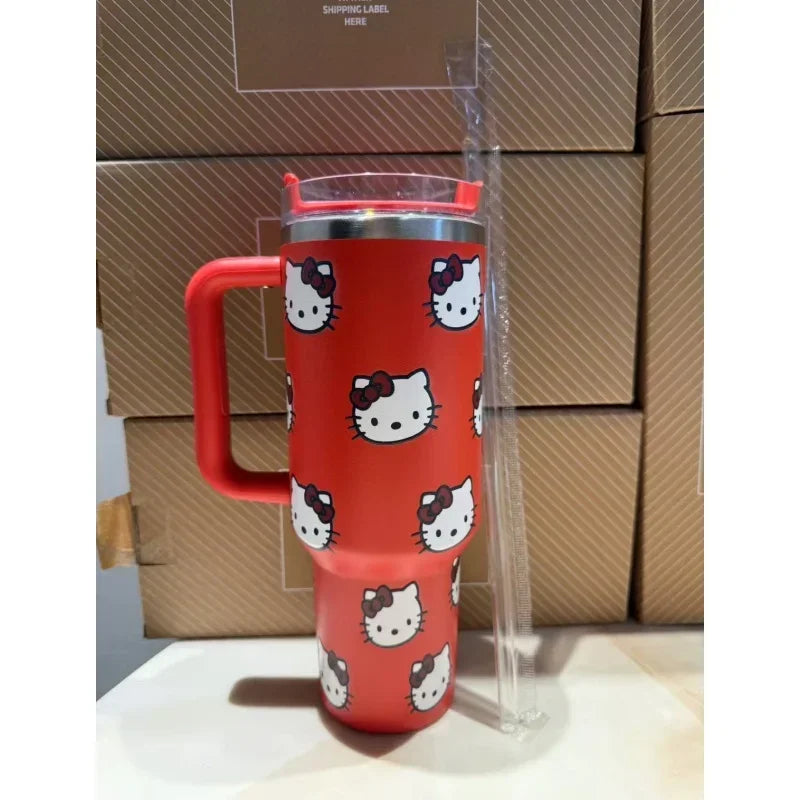 Kawaii Hello Kitty 40oz Edelstahl-Vakuumbecher Anime mit Griff Strohhalmbecher Kaffeetasse mit Verpackungskarton Schnelle Lieferung