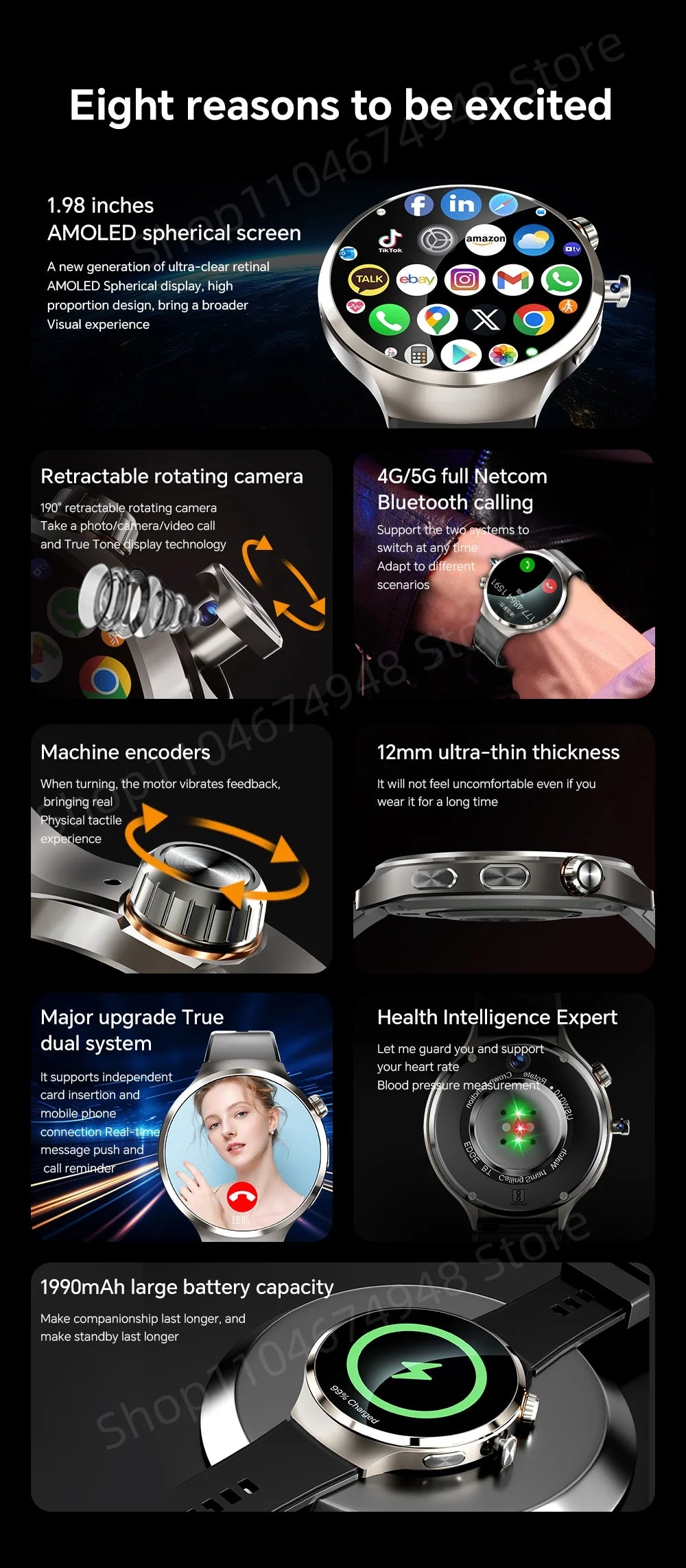 Montre intelligente 4G/5G Full Netcom 1,98 pouces Amoled avec caméra rotative à 210°, Android 13.0, double système GPS, batterie 1900 mAh