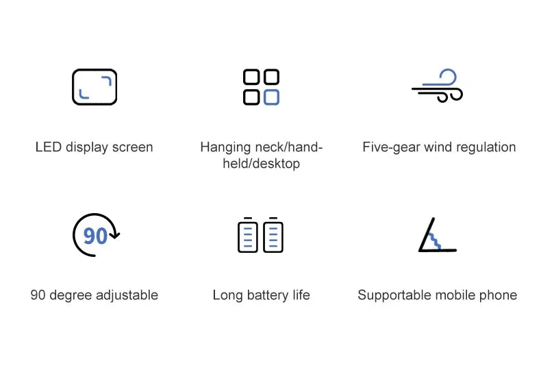 Mini ventilateur portable 3000 mAh pliable, à poser sur un bureau, à suspendre autour du cou, 5 vitesses, rechargeable par USB, support de téléphone, écran d'affichage