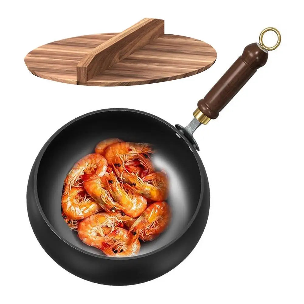 Großer Antihaft-Wok, chinesische Pfanne mit flachem Boden, unbeschichtet, tiefer Eisentopf mit Holzdeckel, 24 cm Durchmesser, Bratpfanne