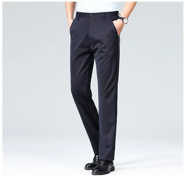 Pantalon Homme Printemps Été Coupe Droite Fin Costume de Ville Habillé Travail Décontracté Business Noir Rouge Vin Pantalon Long
