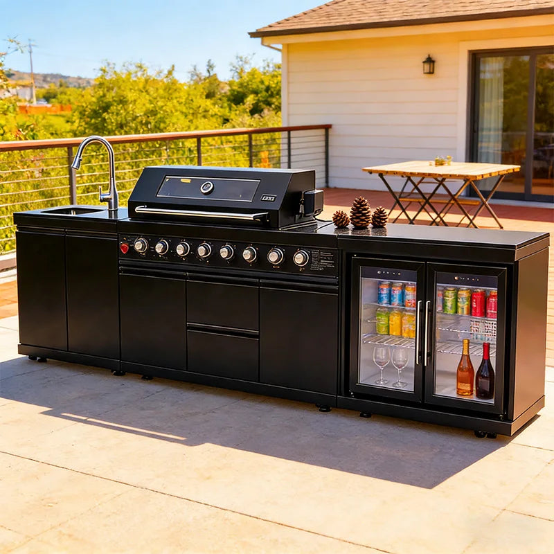 Cuisines d'extérieur modernes modulaires fonctionnelles en acier inoxydable avec grill, plaques de cuisson, évier, réfrigérateur et LED pour patio et jardin.