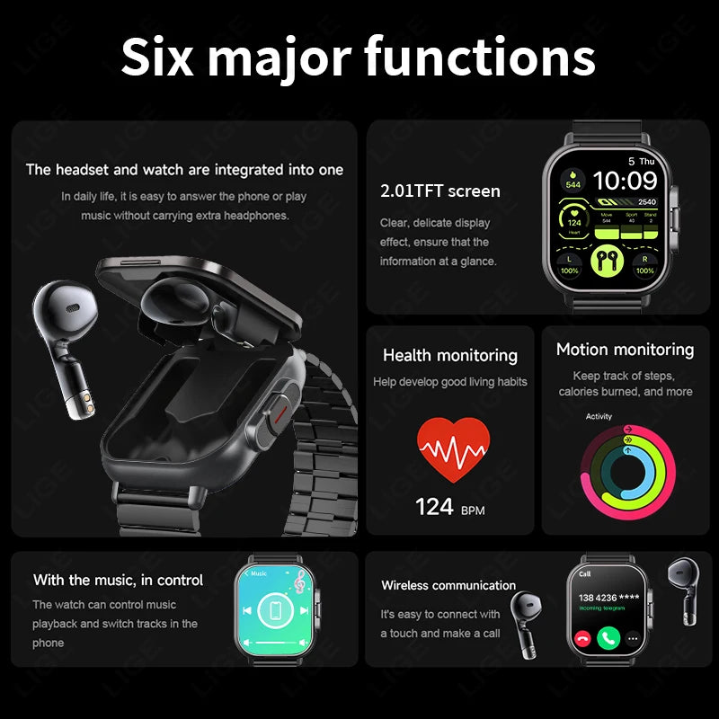 Montre connectée TWS 2 en 1 avec écouteurs, montre de sport, oreillette Bluetooth, montre d'appel, moniteur de santé pour hommes, NFC, montre intelligente pour femmes, écouteurs