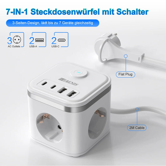 7-in-1 EU Mehrfachsteckdose Ultraflacher Stecker mit 3 AC-Steckdosen 2 USB-C und 2 USB-A 2 Meter Verlängerungskabel