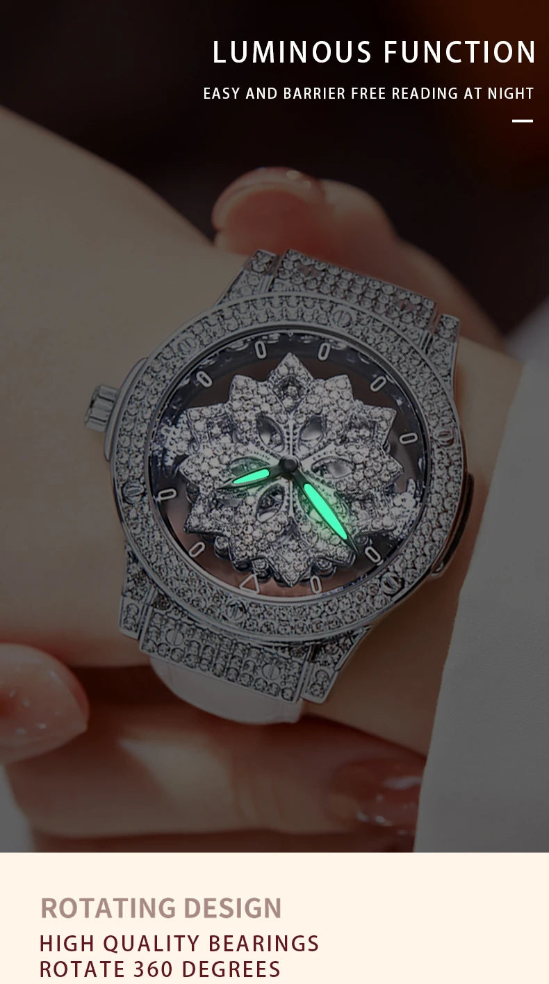 Beliebte Damenuhr mit modischem großem Zifferblatt, wasserdichte Pentagramm-Uhr für Mädchen, rotierende Hohluhr mit Schneeflocken für Damen