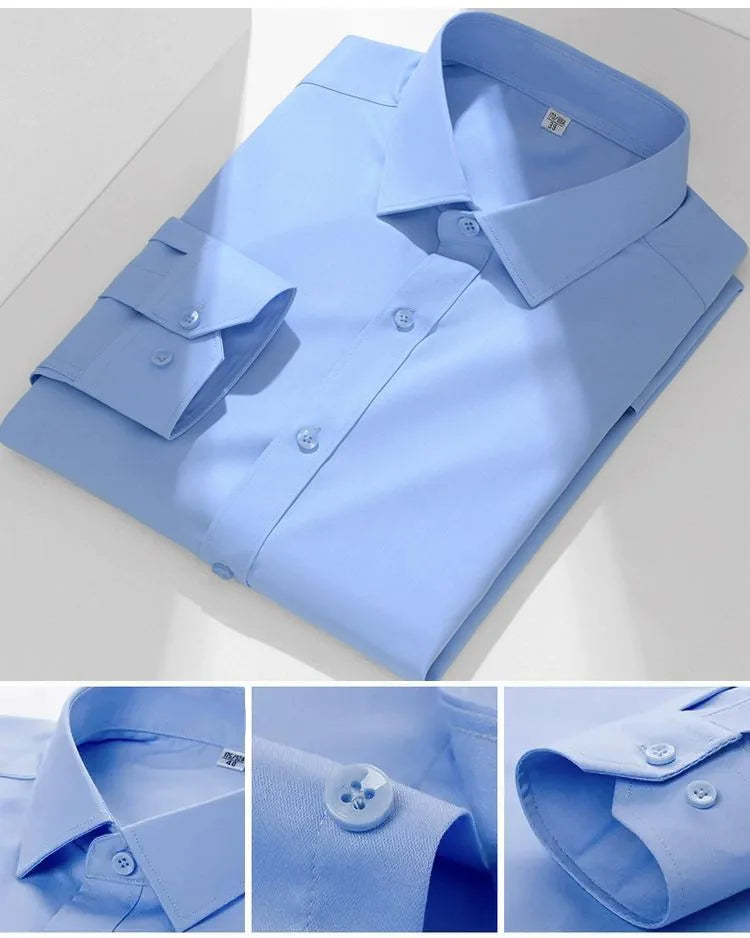 Chemise de Travail Blanche Homme en Fibre de Bambou Bleue 8XL Manches Longues Bureau Affaires Anti-rides Infroissable Décontractée