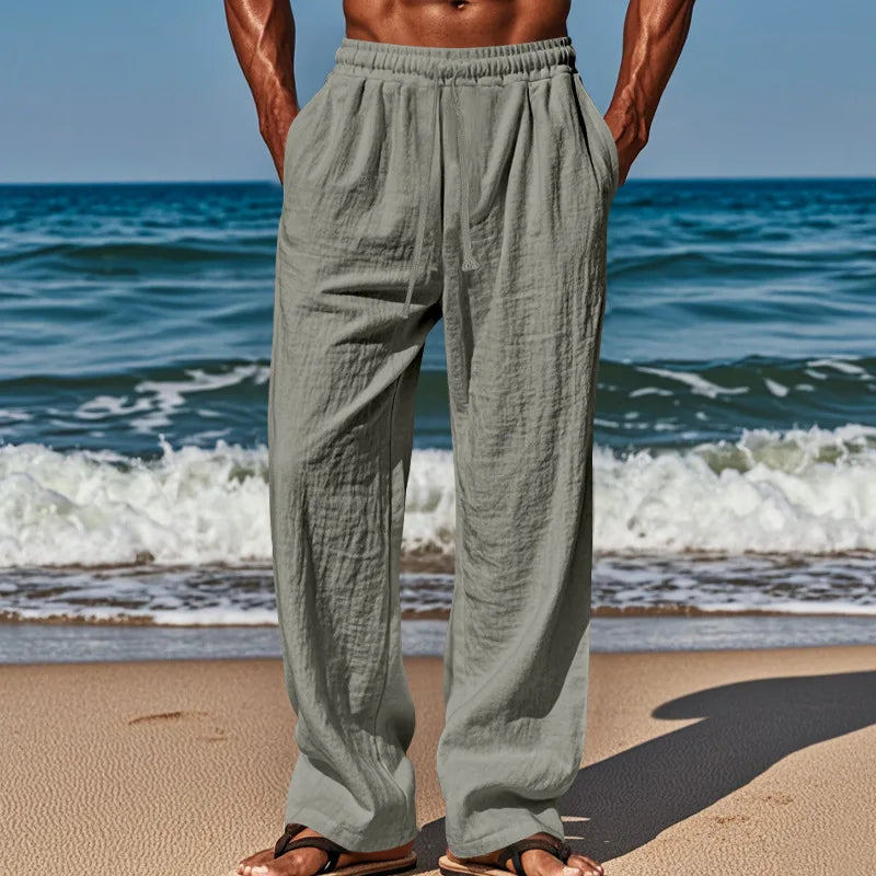 2024 neue Baumwoll-Leinen-Hose für Herren, große Größe, lässig, einfarbig, Schnürung