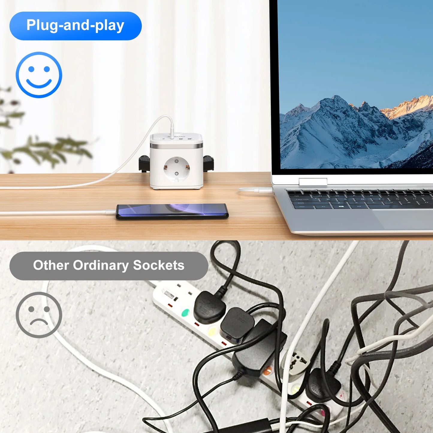 7-in-1 EU Multi-function Power board Ultra-thin flat plug with 3 AC power outlets 2 USB-C and 2 USB-A 2-meter extension cords