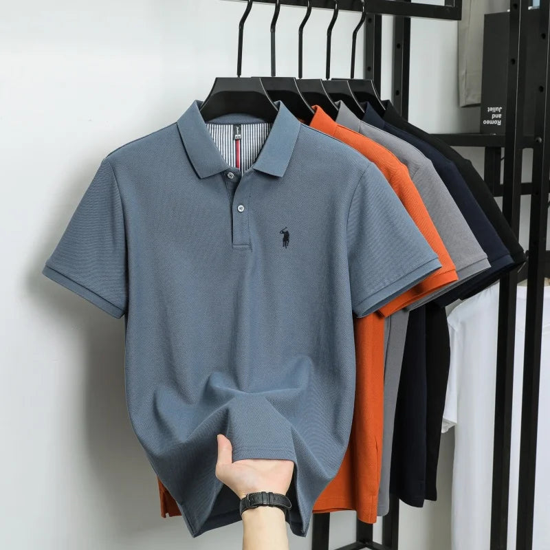 T-shirt polo d'affaires d'été décontracté ample brodé de marque de luxe haut de gamme en coton pur à 100 % pour homme à manches courtes respirant