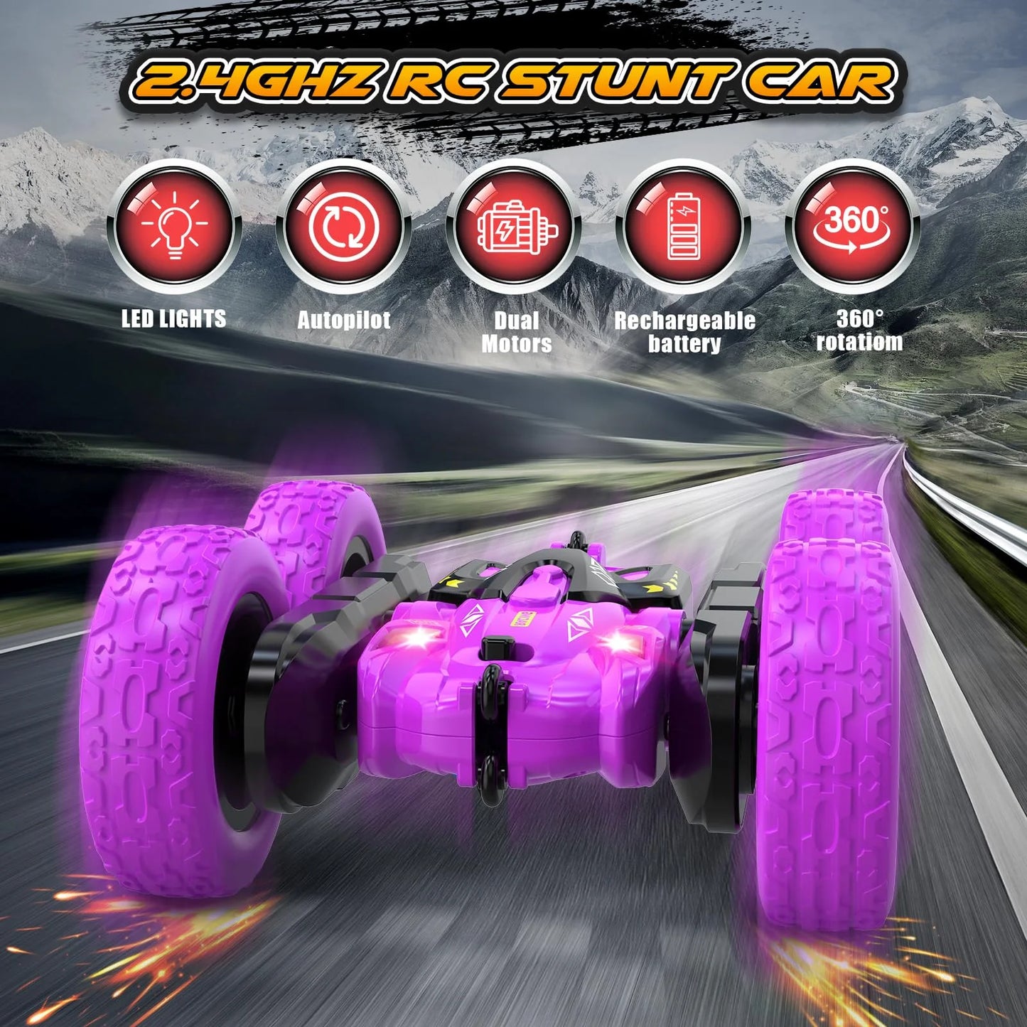 RC Stunt Car 360-Grad-Rotation, 2.4GHz doppelseitig fahrbar, Grün/Lila/Blau, Kinderspielzeug für Outdoor-Spiele