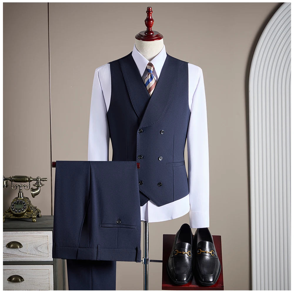 Ensemble de costume trois pièces en laine haut de gamme pour homme, élégant et décontracté, de couleur unie, idéal pour banquets et mariages.