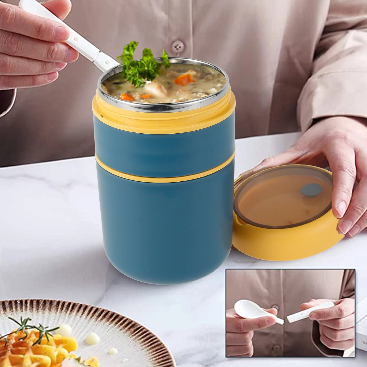 Récipient alimentaire isotherme sous vide pour aliments chauds en acier inoxydable 304 avec cuillère pliable et poignée, thermos portable pour le bureau et le travail