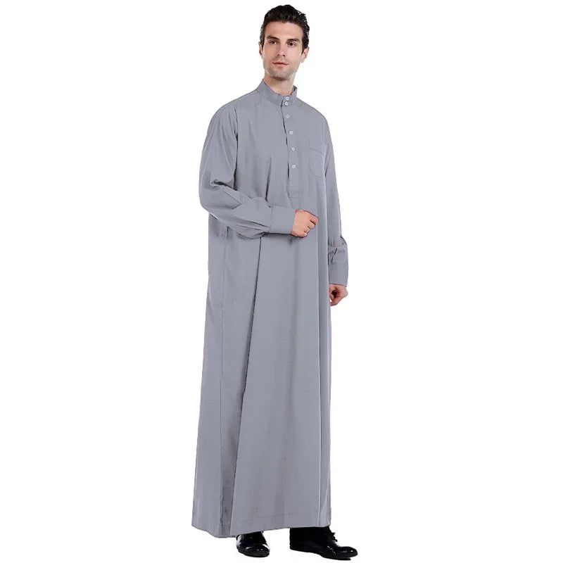 2026 Muslim Clothing Men Jubba Thobe Solid Long Sleeve Kaftan Stand Collar Casual Robe Moroccan Dishdasha Thawb Islamic Clothing