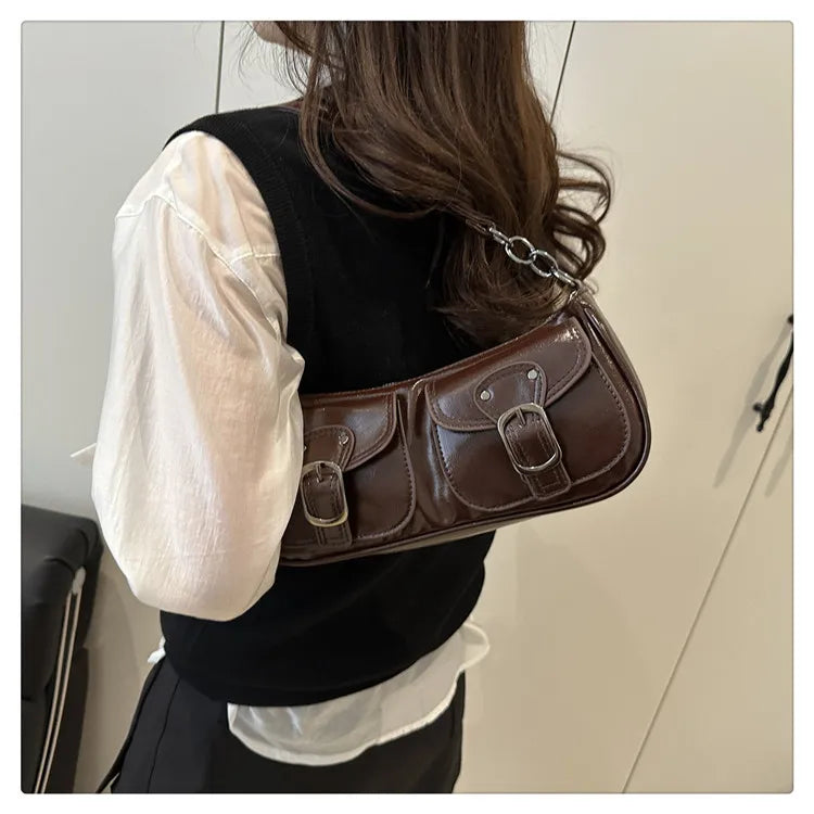Fashion PU-Leder Damen Umhängetasche Kleine Doppel-Taschen Design Damen Achseltaschen Y2k Vintage Weibliche Handtaschen Clutch Geldbörse