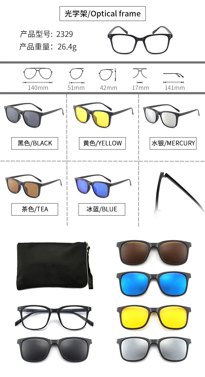 6 In 1 Polarized Sunglasses Men Women Magnetic Clip On Glasses TR90 Optical Prescription Eyeglass Frames Magnet Clips