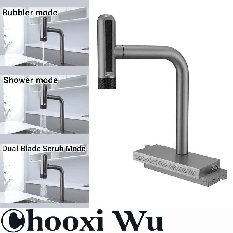 Kitchen pull-out stainless steel faucet, multi-function spout, hot and cold dual control, ceramic valve core