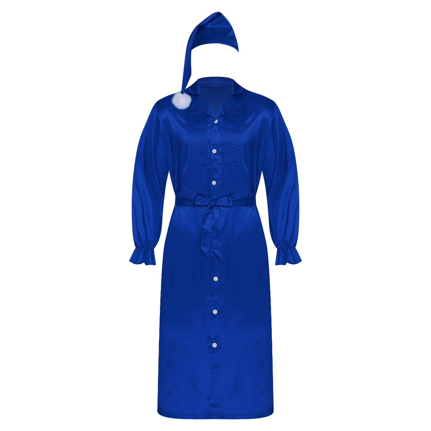 Herren Sissy Pyjama Satin-Nachtwäsche Nachthemd mit Schlafhaube Langarm Rüschenmanschetten Plissierter Brustumhang mit Gürtel Vintage