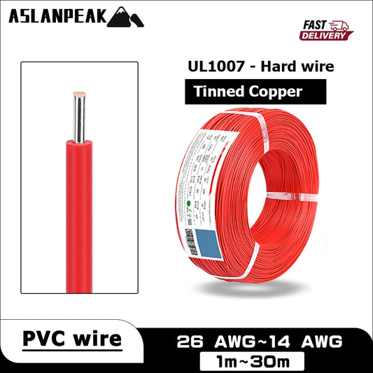 UL1007 26-14AWG 1-30m Red PVC Hard Copper wire Single core copper cable Power extension cable Solid core electronic wire For car