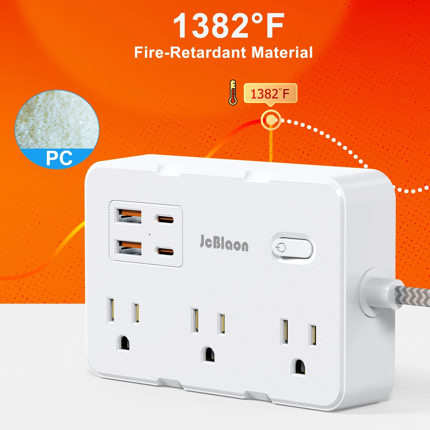 Universal Power Strip US Plug with 6 AC Outlets 4 USB Type-C/A Charge 5FT Extension Cable Desktop Wall Ground Electric Socket