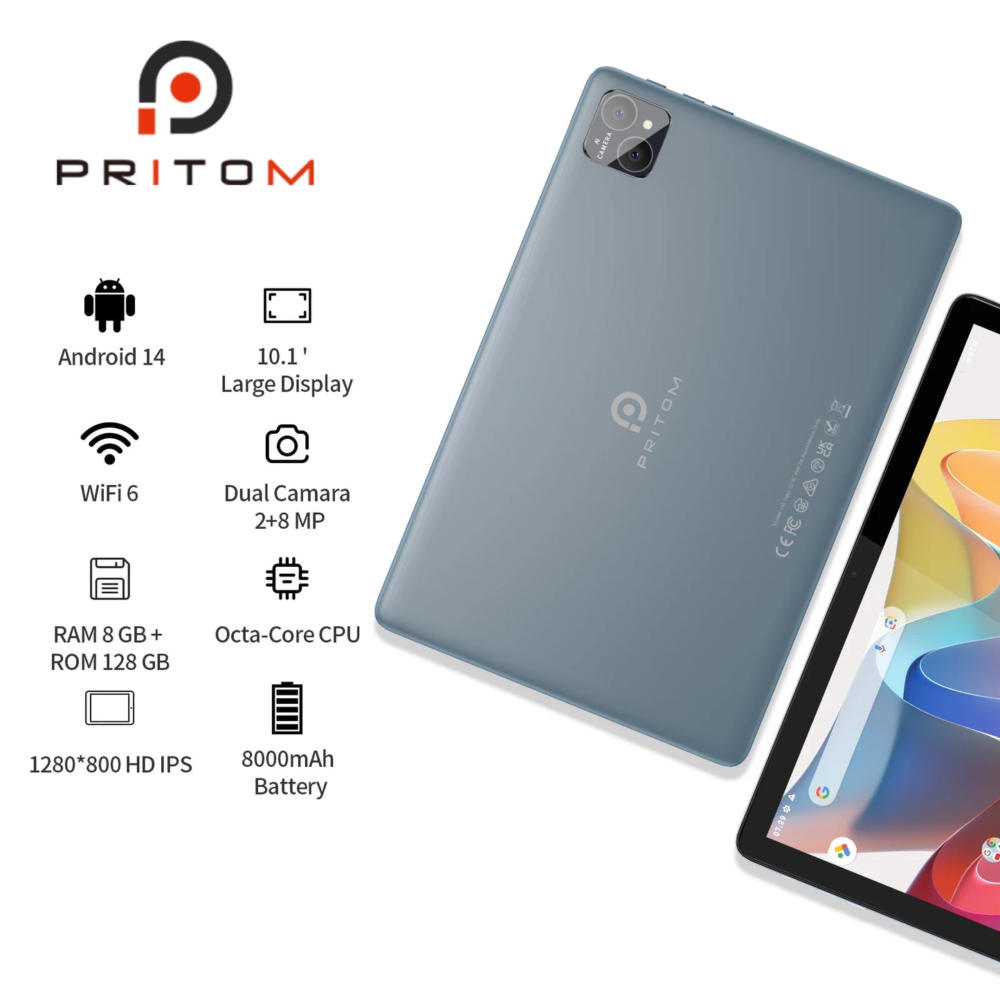 PRITOM TAB11 Android 15 Tablet 10 Zoll, 8GB(4+4 erweiterbar) RAM + 128GB ROM, Octa-Core, 5G WiFi, mit Tastatur, Maus, Hülle