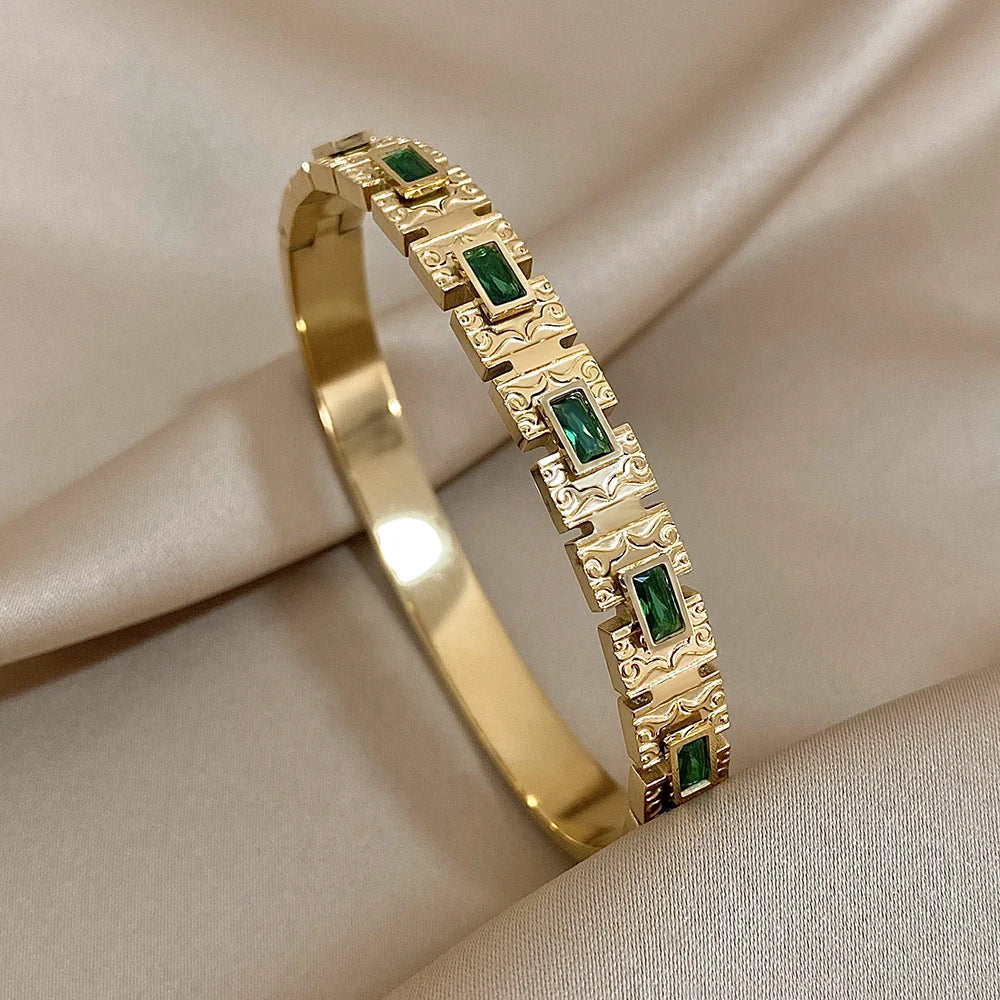 Manchette ouverte vintage en acier inoxydable avec zircon vert pour femmes, bracelet jonc large et épais, étanche, rond et brillant