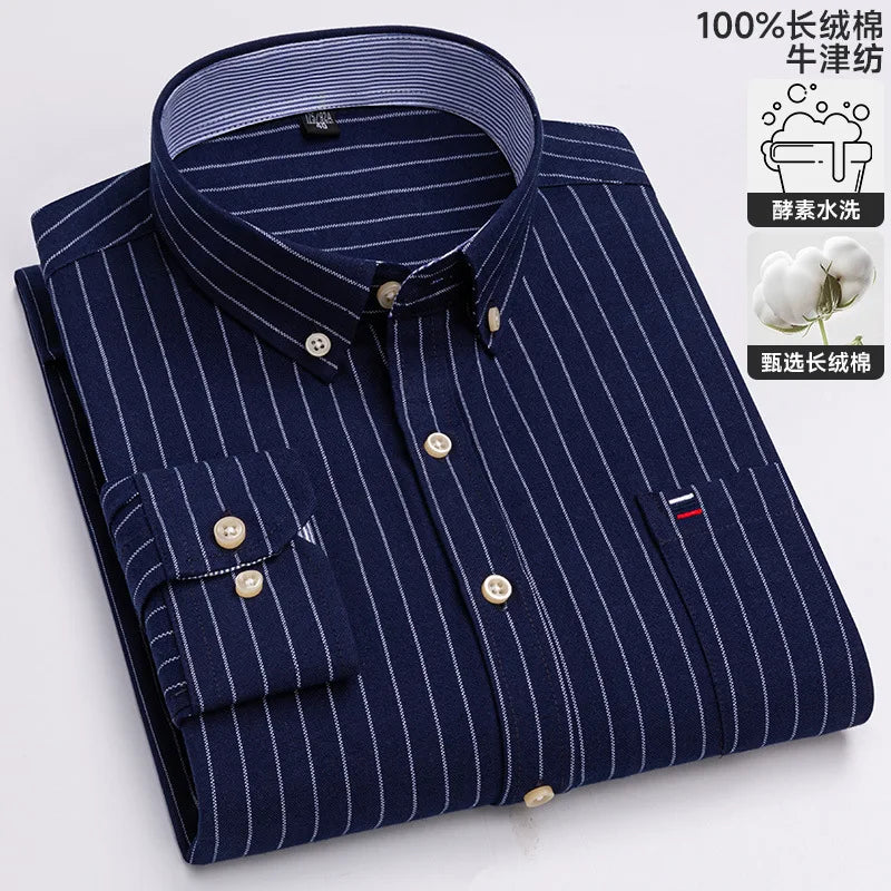 100-220 catties Plus Size Men's Shirt 100% Cotton Long Sleeve Business Casual All Oxford Spinning Plus Size Plaid Shirt