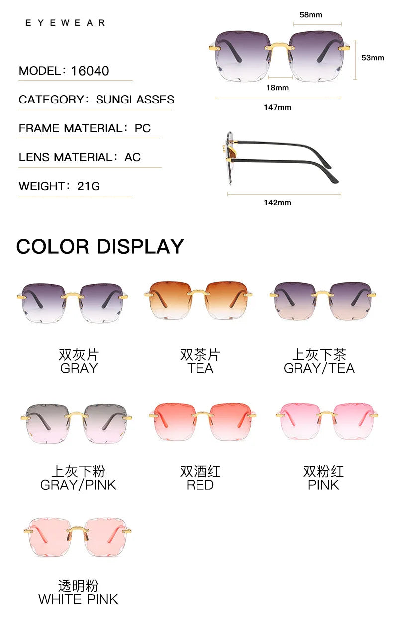 Randlose Damen-Sonnenbrille, modische Verlaufsgläser, Damensonnenbrille, Vintage-PC-Bügel, klassische Designer-Sonnenbrille für Herren